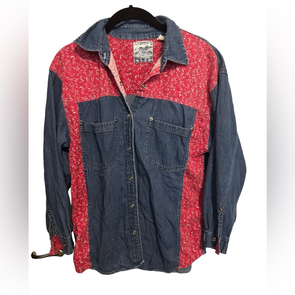 Andrew’s blues denim and red button down shirt size medium